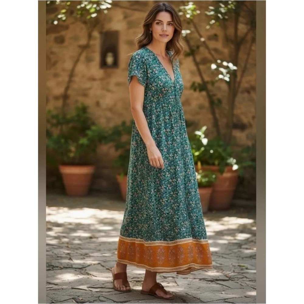 Natural Life Avery Midi Dress Boho Floral Button Front Teal Orange Rayon XS/S